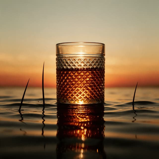 Aged dark rum neat in a heavy crystal tumbler at dusk — rum brand photography