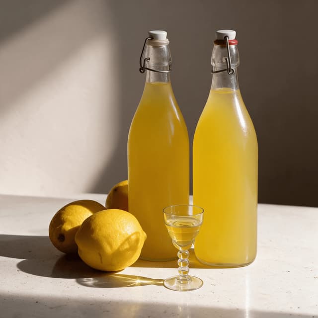 Limoncello in swing-top bottles with lemons and a cordial glass — liqueur photography