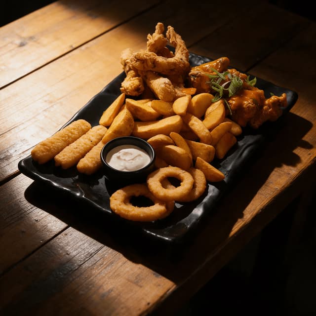Wings, wedges, onion rings and mozzarella sticks on black stoneware — starters food photography