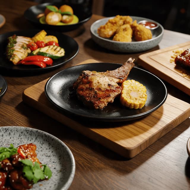 Grilled pork chop, ribs and grilled chicken on walnut table — restaurant mains food photography