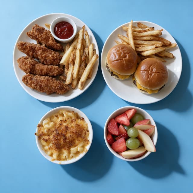 Chicken tenders, sliders and mac and cheese on pastel blue — kids menu food photography