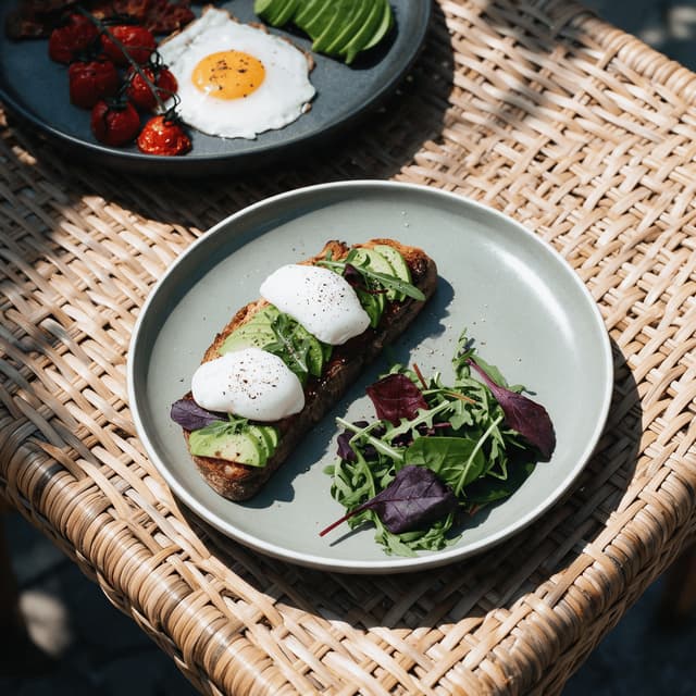 Avocado toast with poached eggs on a sunlit rattan table — brunch menu food photography