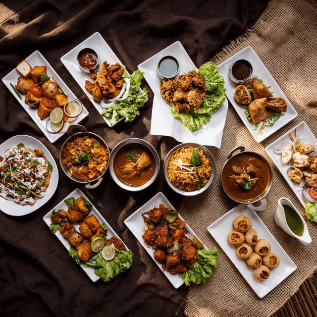 Indian curries, biryani and tandoori starters on burlap — Indian restaurant food photography