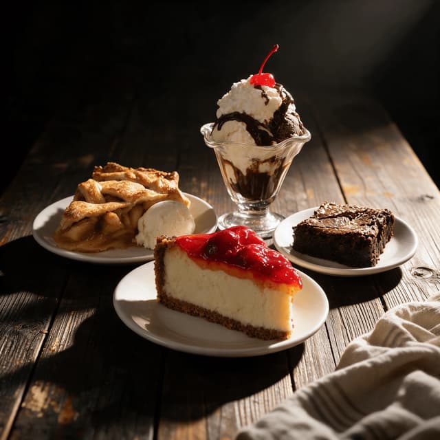 Apple pie, sundae, brownie and cheesecake on dark planks — dessert menu food photography