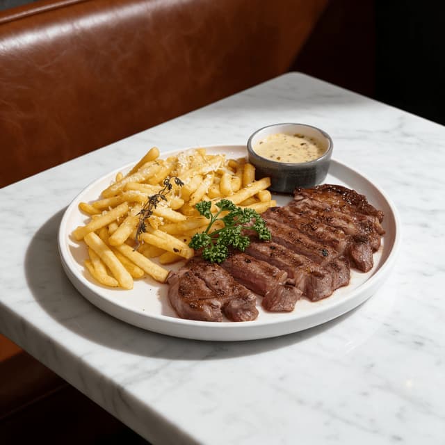Sliced ribeye with parmesan fries on white marble — bistro steak frites menu photography