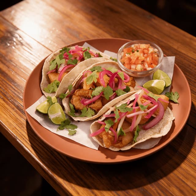 Three fish tacos with pickled onion on a terracotta plate — Mexican restaurant food photography