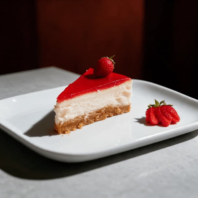New York cheesecake with strawberry glaze on gray stone — dessert menu food photography