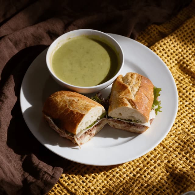 Broccoli soup and roast beef baguette on woven linen — lunch combo food photography