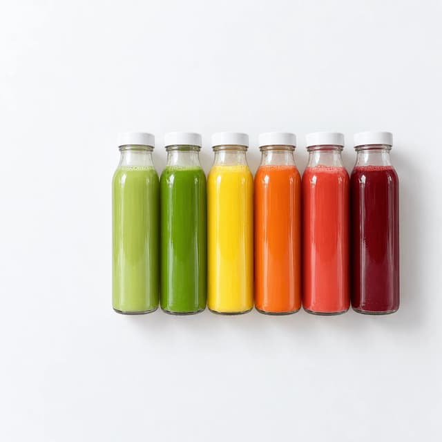 Row of six unlabelled glass bottles of cold-pressed juice in different colours standing in a line on seamless white