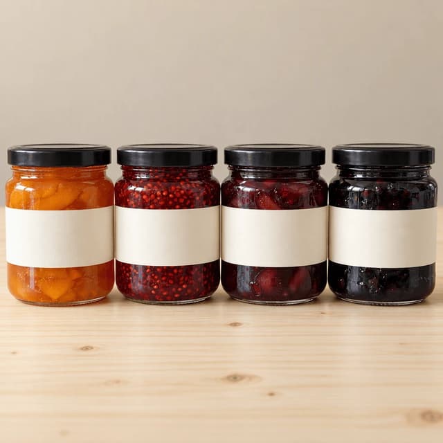 Four glass preserve jars with plain unprinted cream labels standing dead-on in a close row, front faces flat to camera