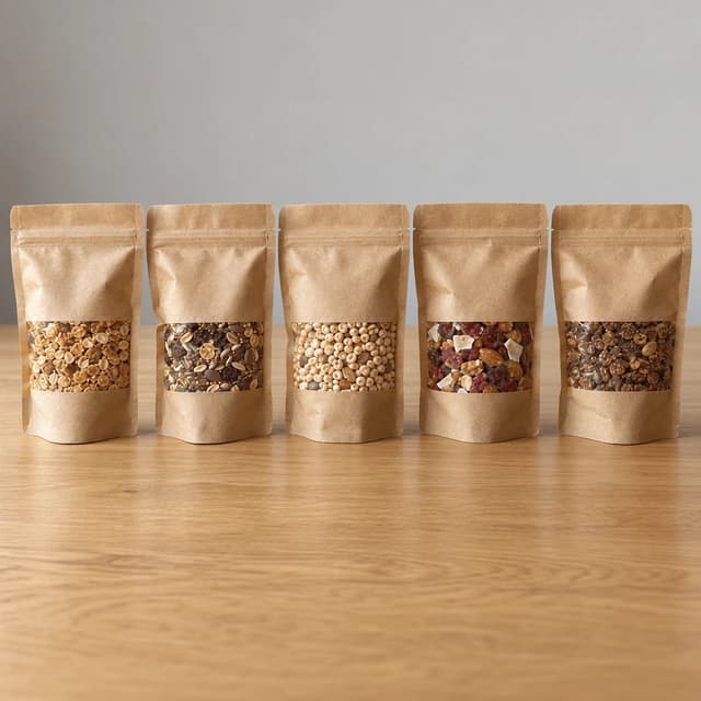 Five kraft paper stand-up pouches in a row with clear front windows showing different grains and granolas, on pale oak