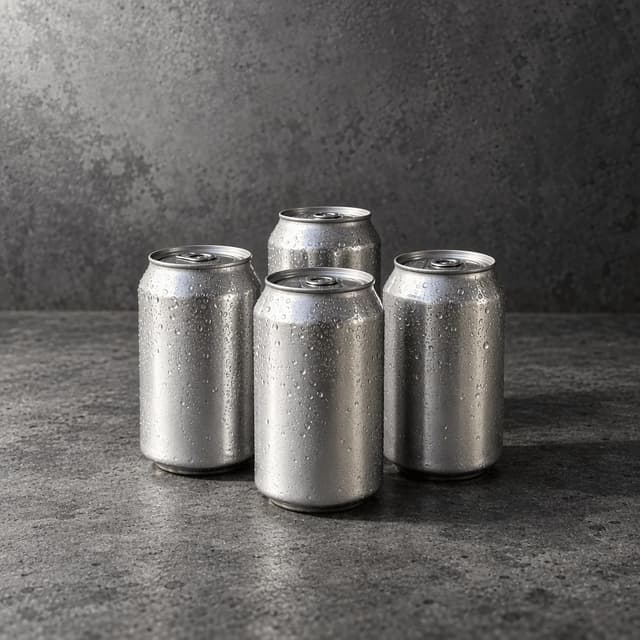 Four plain aluminium drink cans grouped in a tight square cluster on a neutral grey concrete sweep