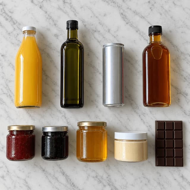 Overhead flat lay of assorted unlabelled bottles, jars and bars arranged in two neat rows on pale marble