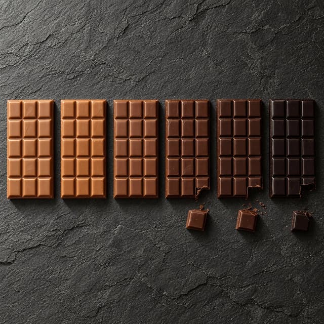 Six unwrapped chocolate bars in a row graded from pale milk to near-black dark, on textured dark slate