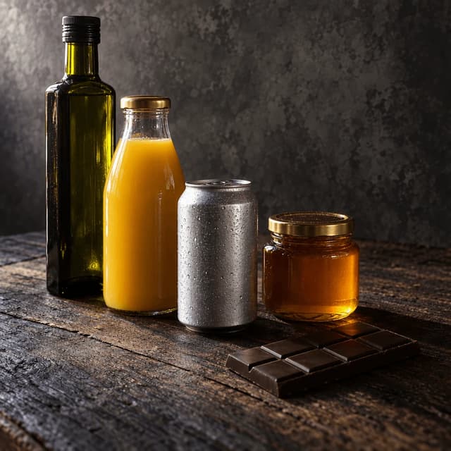Moody clustered arrangement of unlabelled bottles, a jar, a can and a chocolate bar at staggered heights on dark weathered wood
