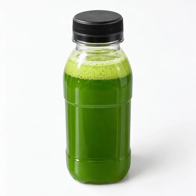 Single tall unlabelled clear plastic bottle of cold-pressed green juice with a plain black screw cap, standing on a seamless white studio background