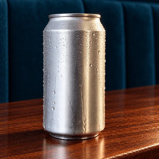 Single plain aluminium drink can beaded with cold condensation, standing on a polished dark wood table against a deep teal velvet banquette