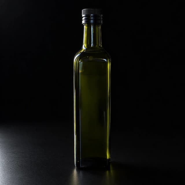 Single dark green unlabelled glass bottle of extra virgin olive oil standing against a deep shadowed background