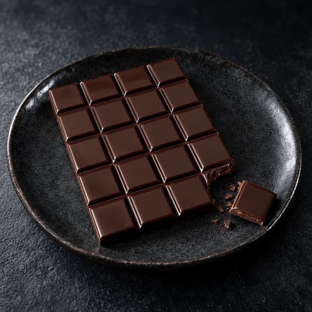 Single unwrapped dark chocolate bar with a corner square snapped away, resting on a dark ceramic plate on honed dark stone