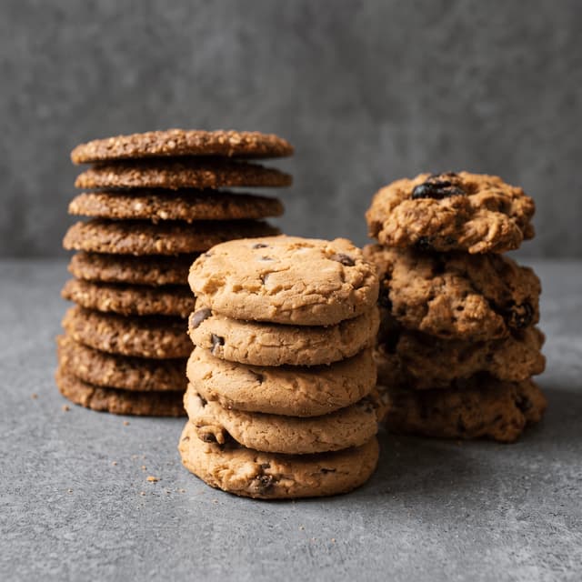 Oat crisp, chocolate-chip and oatmeal raisin cookie stacks on gray concrete — cookie bakery photography