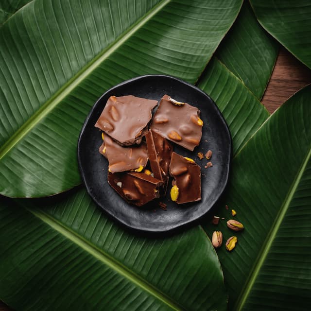 Milk chocolate bark with almonds and pistachios on banana leaves — craft chocolate photography