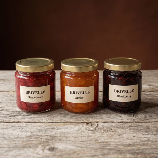 Strawberry, apricot and blackberry preserve jars on weathered wood — jam brand product photography