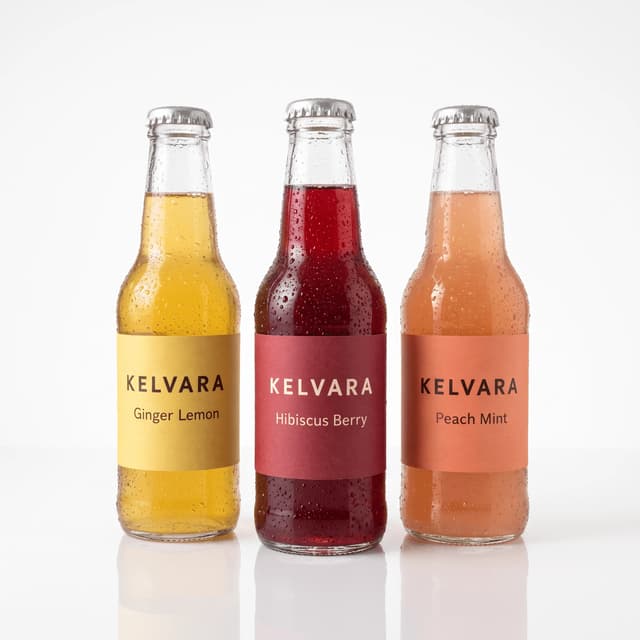 Ginger, hibiscus and peach kombucha bottles on white acrylic — craft drink product photography
