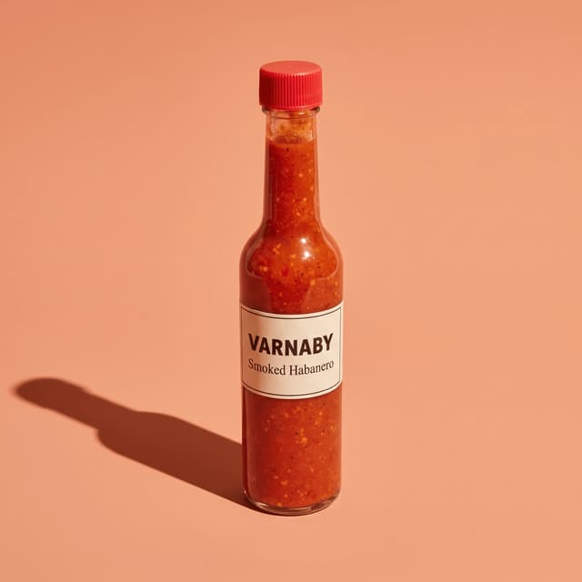 Smoked habanero hot sauce bottle on a coral color sweep — sauce brand product photography