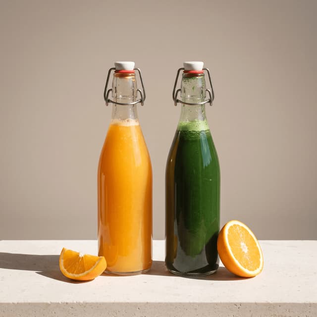 Orange and green cold-pressed juices in swing-top bottles on limestone — juice brand product photography