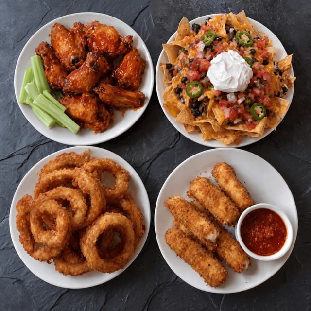 Wings, nachos and onion rings on dark slate from above — happy hour ad photography