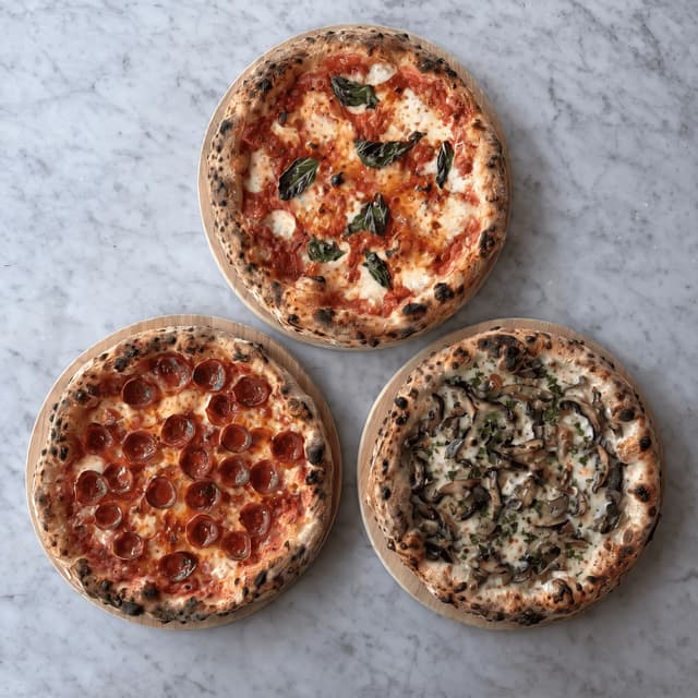 Three whole pizzas on white marble from above — pizza night ad photography