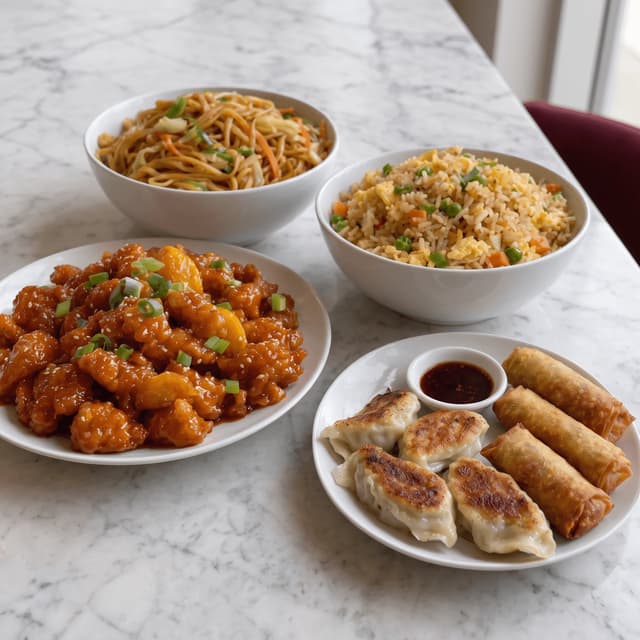 Lo mein, fried rice, orange chicken and dumplings on marble — takeout flyer food photography