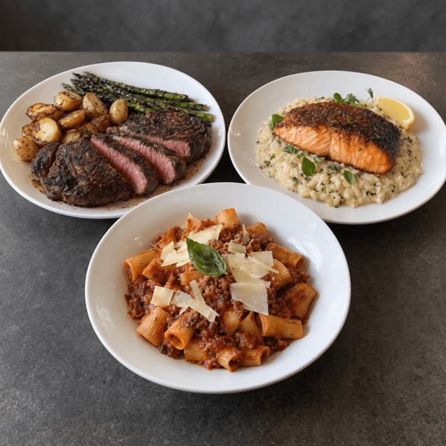 Ribeye, salmon risotto and rigatoni on dark concrete — grand opening flyer food photography
