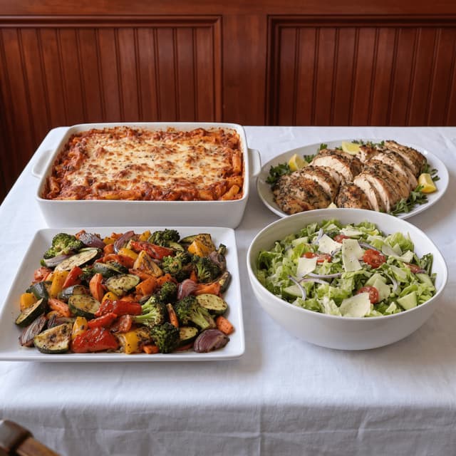 Baked ziti, sliced chicken, roasted vegetables and salad on white linen — catering flyer photography