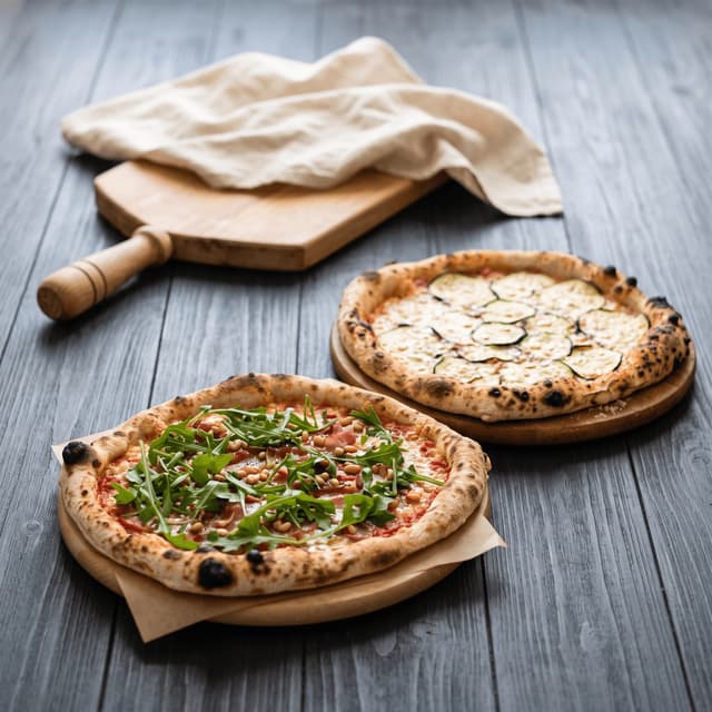 Two wood-fired pizzas on wooden boards on dark planks — pizzeria flyer food photography