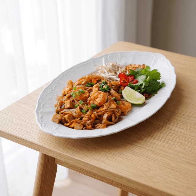 Shrimp pad thai on a white platter on light oak — takeout flyer food photography