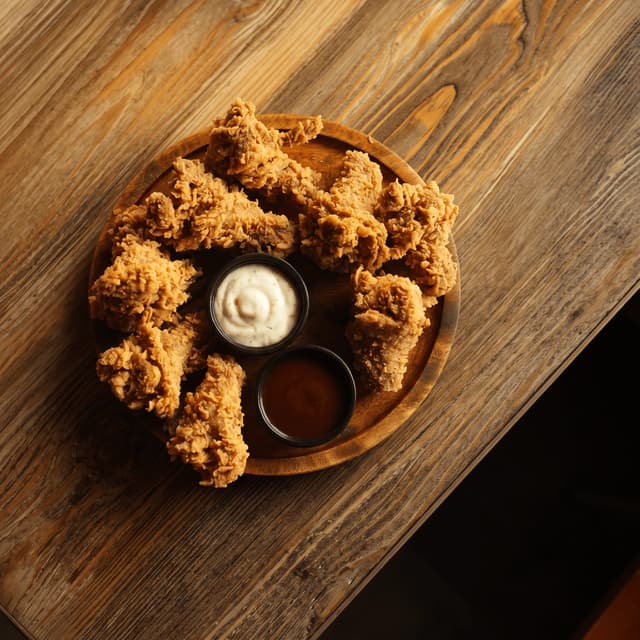 Crispy fried chicken with two dips on rustic wood — family meal flyer food photography