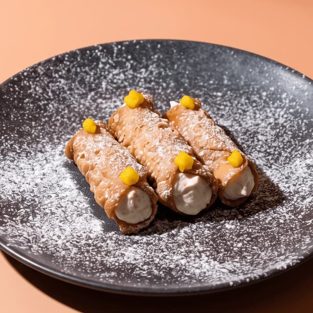 Sugar-dusted cannoli on a dark plate against peach — dessert flyer food photography