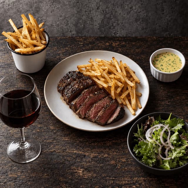 Steak frites plate with a bowl of fries, a béarnaise pot, a green salad and a glass of red wine on dark wood
