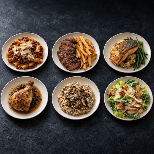 Overhead grid of six bistro mains on matching plates: pasta, steak, salmon, chicken, risotto and a salad