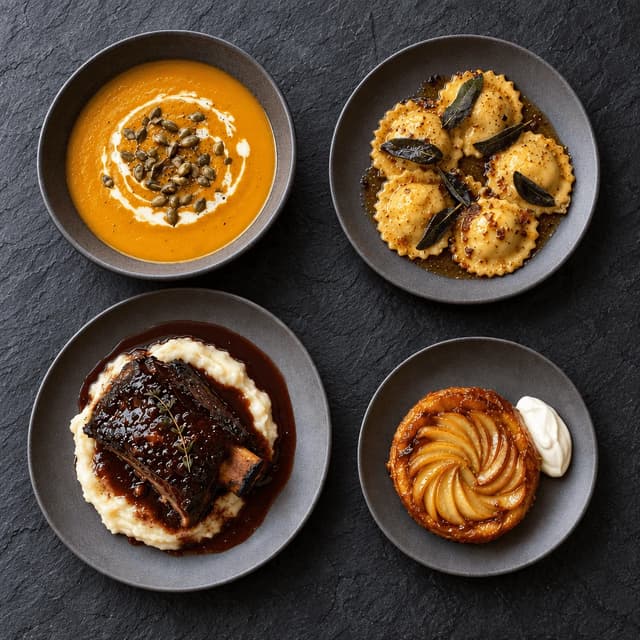 Overhead autumn specials on dark slate: squash soup, pumpkin ravioli, braised short rib and an apple tart