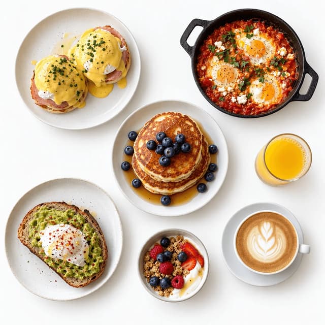 Overhead weekend brunch spread on white: eggs Benedict, shakshuka, pancakes, avocado toast, coffee and juice