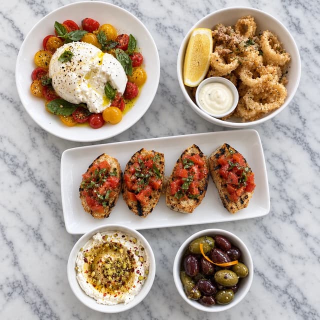 Overhead shared starters on marble: burrata with tomatoes, fried calamari, bruschetta, whipped feta and olives