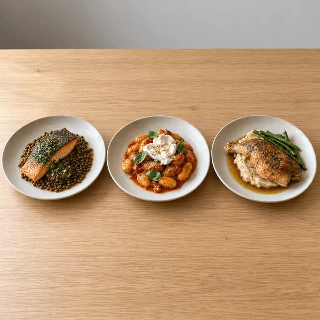 Three bistro dishes on matching pale plates on light oak: seared salmon, gnocchi and a roast chicken leg