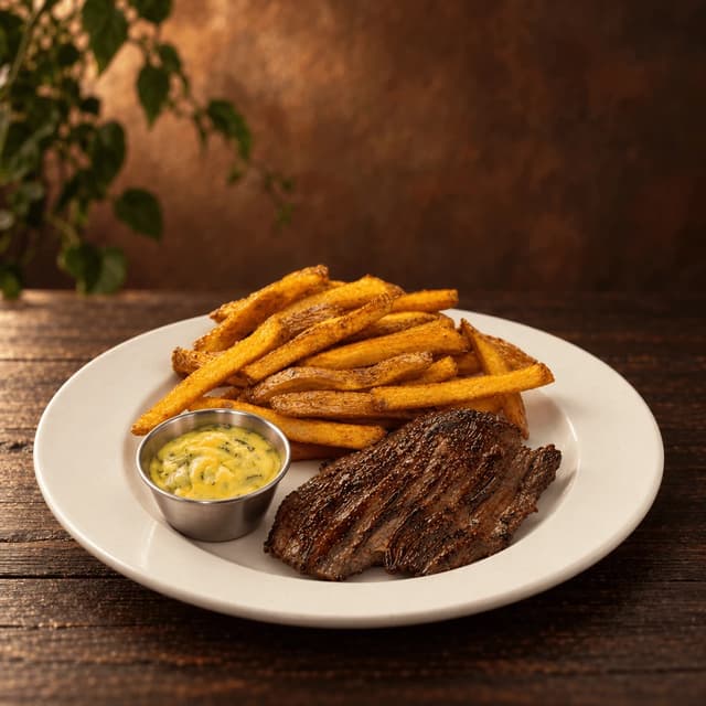 Bistro steak frites with a sliced seared sirloin, a pile of golden fries and a pot of béarnaise on a white plate on dark wood
