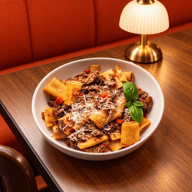 Shallow bowl of rigatoni in slow-cooked beef ragù topped with shaved parmesan and a basil leaf on a terracotta surface