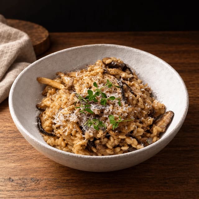 Wide bowl of creamy wild mushroom risotto topped with seared mushrooms, thyme and shaved parmesan on dark wood