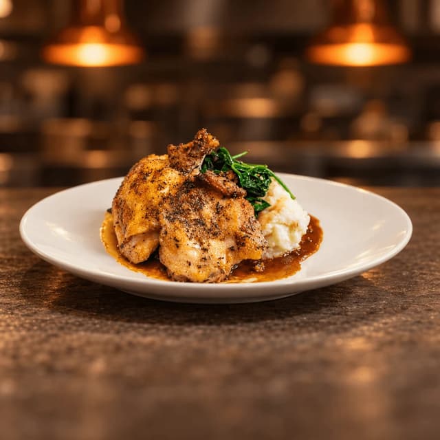 Golden roast half chicken in pan jus with creamy mash and wilted spinach on a white plate at a warm-lit restaurant kitchen pass