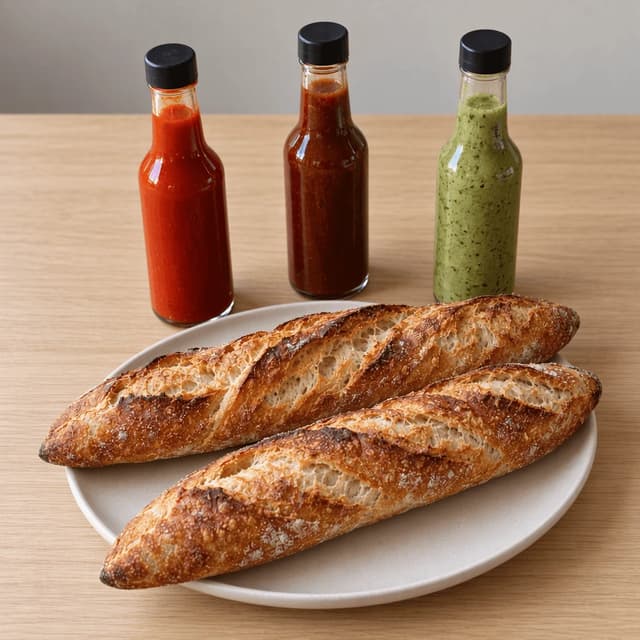 Three tall unlabelled sauce bottles behind two baguettes laid on the diagonal, all framed inside a square on pale oak