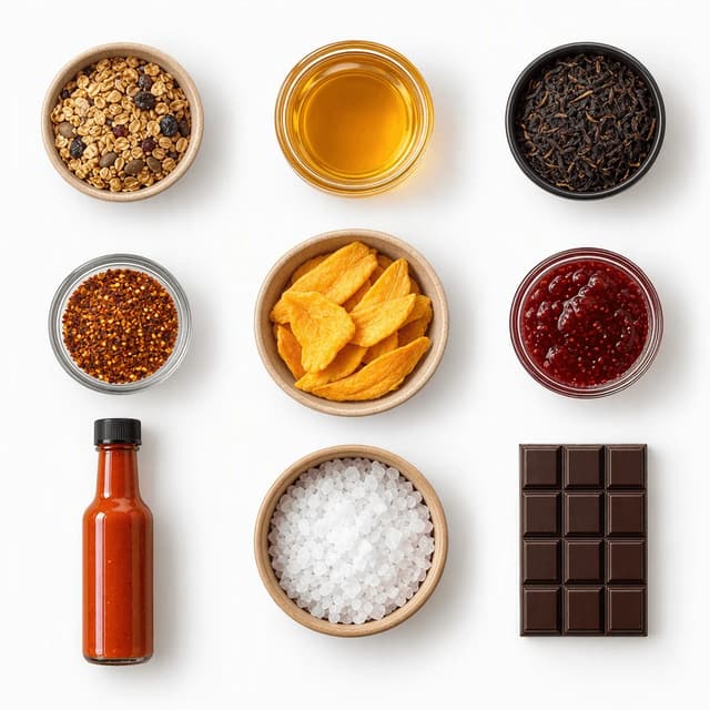 Overhead grid of nine unbranded packaged food products in three rows of three on seamless white